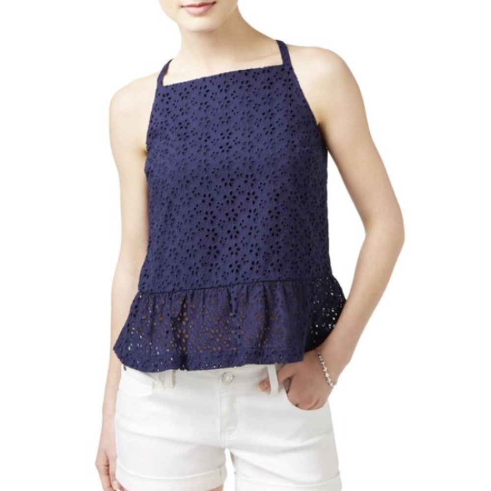 Like new Maison Jules eyelet peplum tank in navy